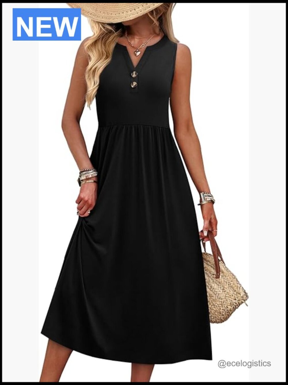 Women's Sleeveless V-Neck Button Up Midi Dress with Pockets